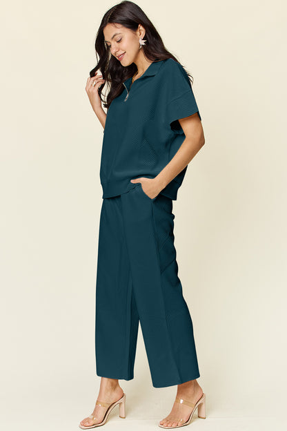 Do A Double Take Texture Half Zip Short Sleeve Top and Pants Set