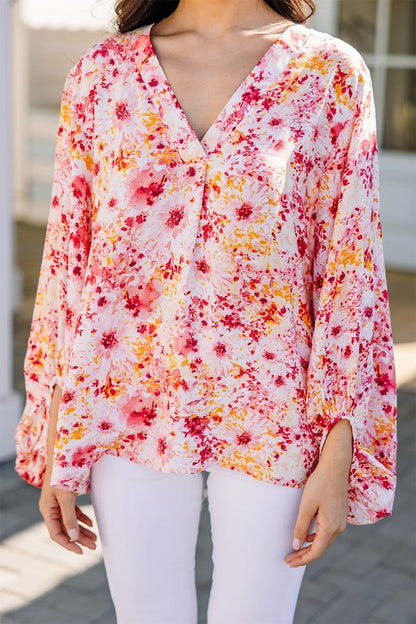 Women Pink Floral Bubble Sleeve V Neck Blouse