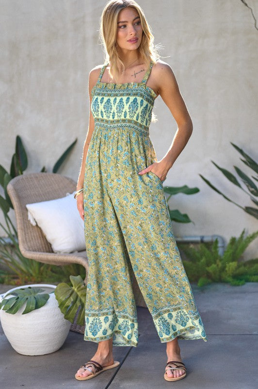 Floral Smocked Detail With Ruffle Jumpsuit - Bee Creek Apparel