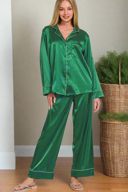 Emarald Satin Long Sleeve Shirt and Pants Pajama Set