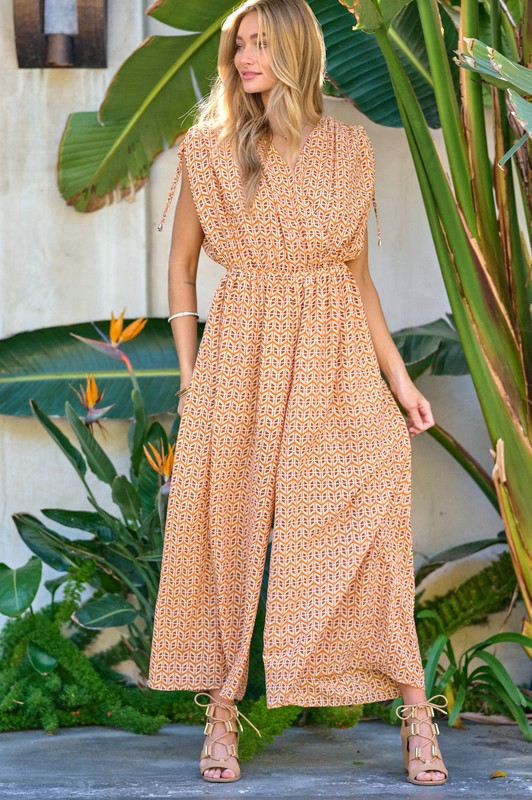 Printed V-Neck Sleeveless Jumpsuit - Bee Creek Apparel