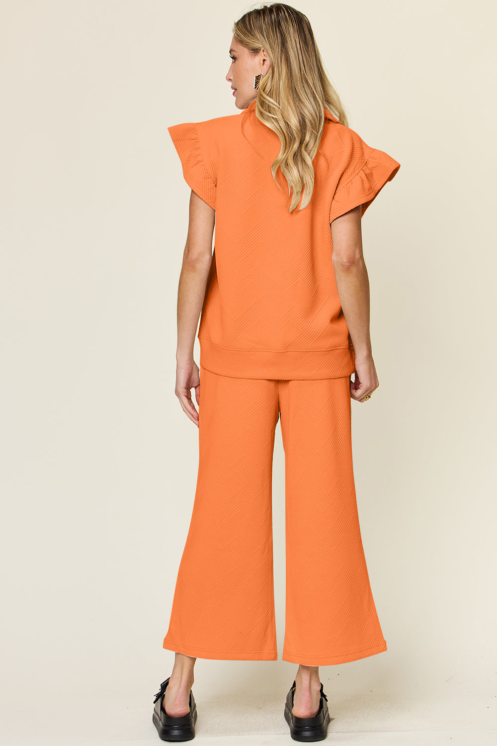 Our  Ruffle Short With Top and Drawstring Wide Leg Pant Set