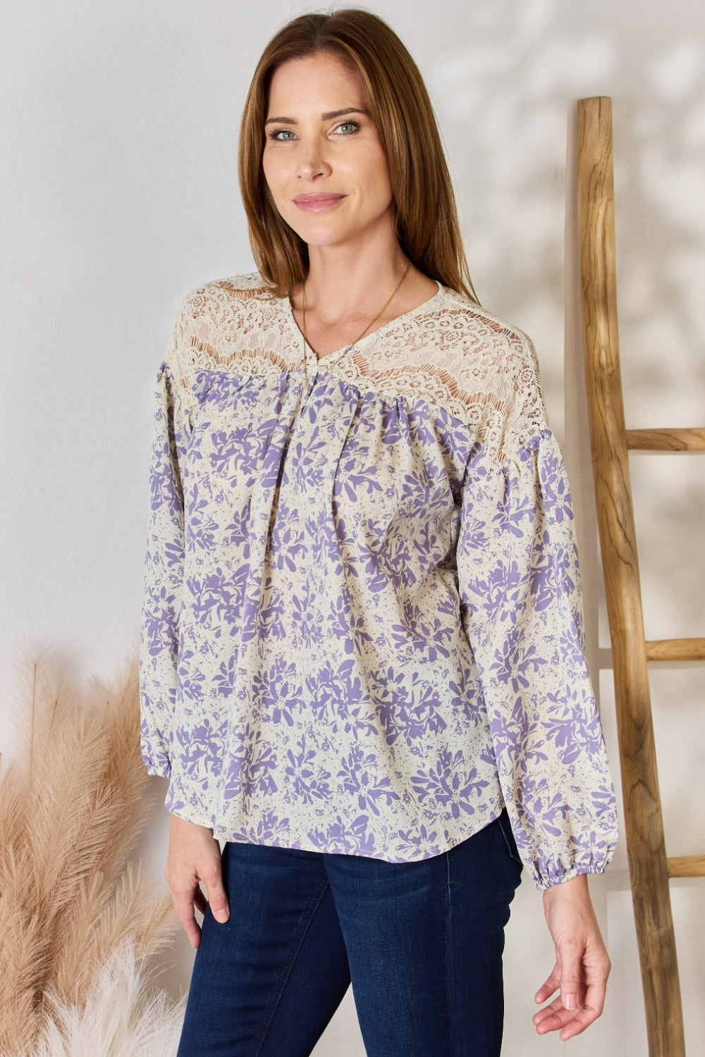 Hailey & Co Full Size Lace Accents Printed Blouse