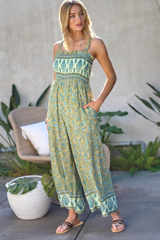 Floral Smocked Detail With Ruffle Jumpsuit - Bee Creek Apparel