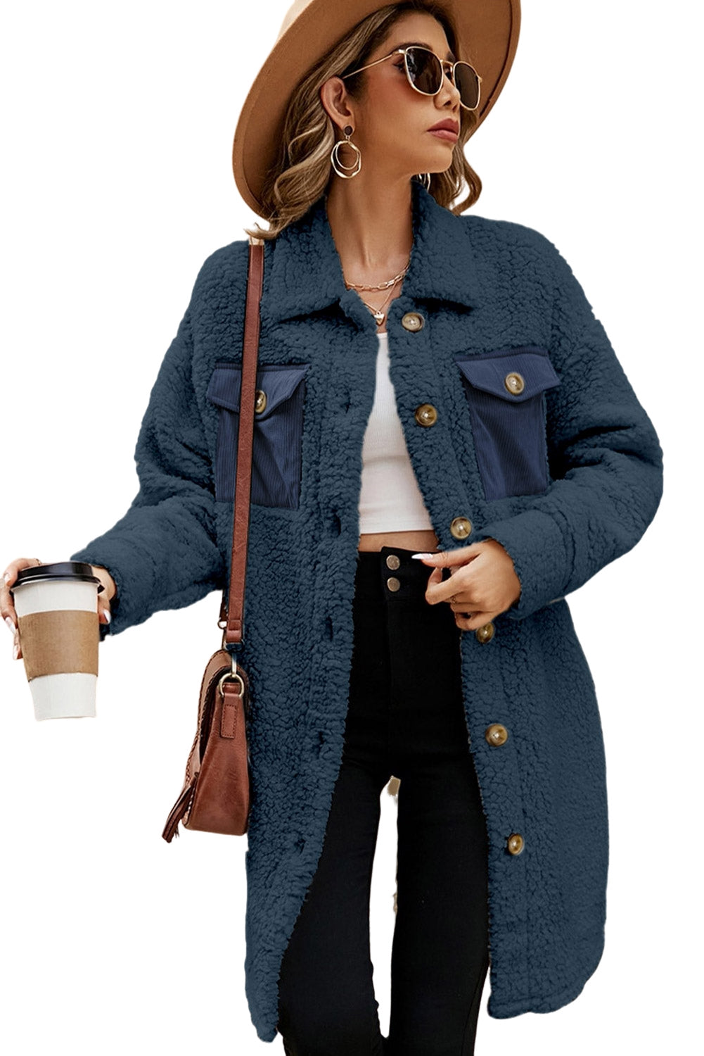 Blue Contrast Flap Pocket Single Breasted Teddy Coat