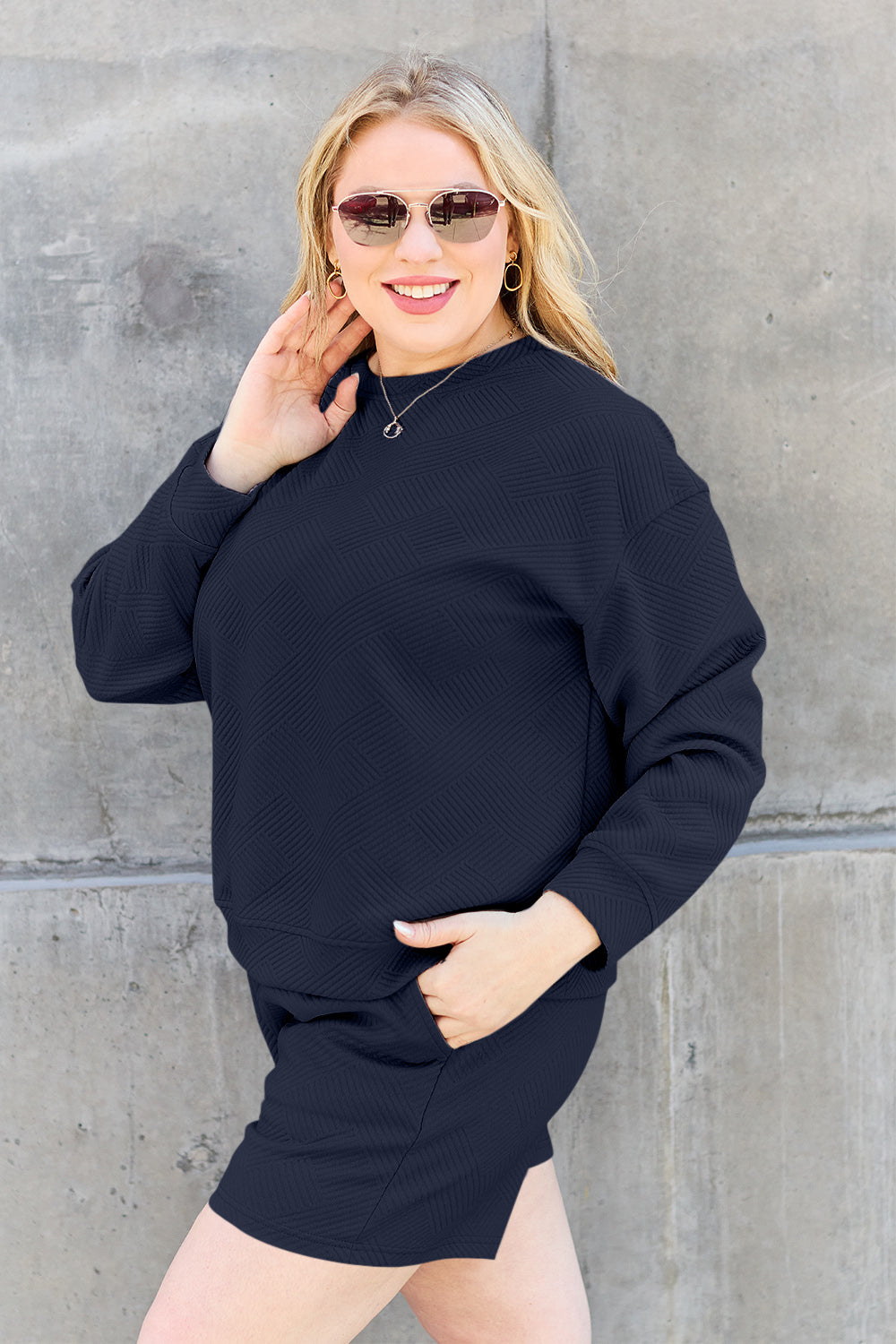 On The Go Texture Long Sleeve Top and Drawstring Shorts Set - Bee Creek Apparel