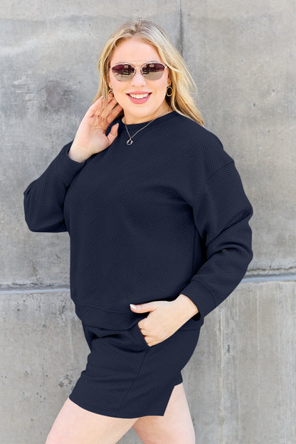 On The Go Texture Long Sleeve Top and Drawstring Shorts Set - Bee Creek Apparel