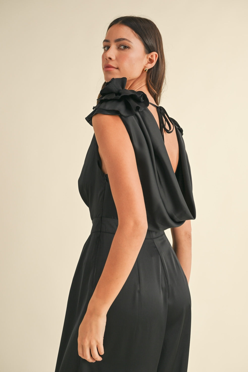 Try On This Stunning Satin And Embellished Floral Applique Cowl Neck Jumpsuit