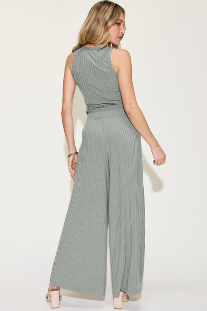 Basic Bee Ribbed Tank and Wide Leg Pants Set