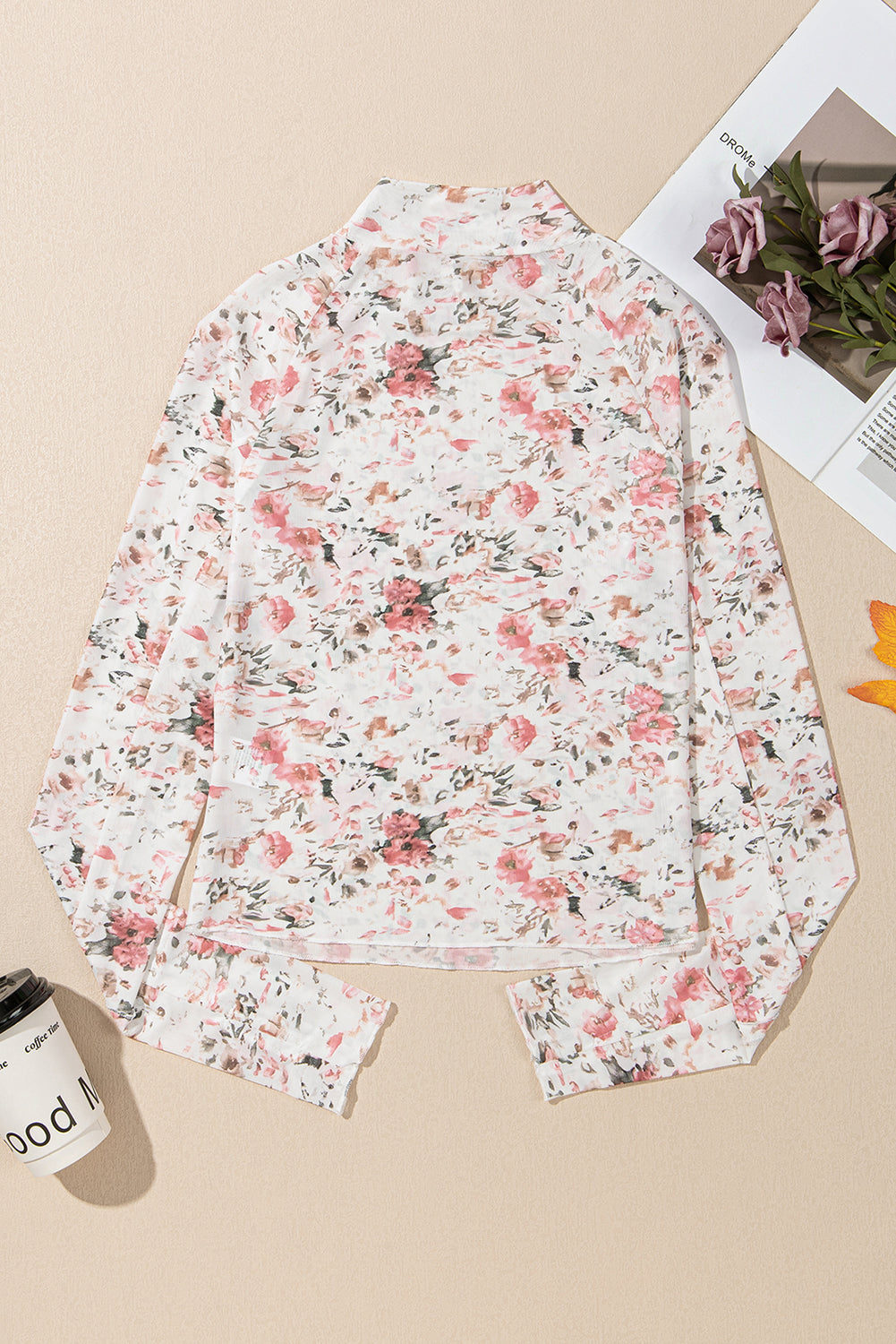 Pink Floral Print Mesh Mock Neck Slim Blouse