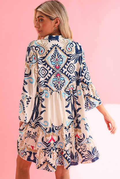 White Ethnic Print Boho Button Tiered Mini Dress