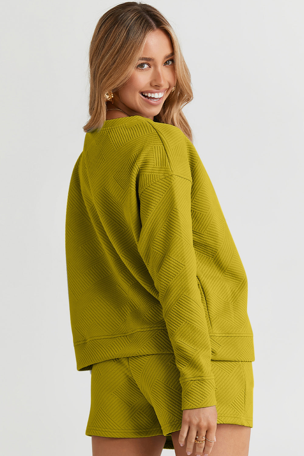 On The Go Texture Long Sleeve Top and Drawstring Shorts Set - Bee Creek Apparel