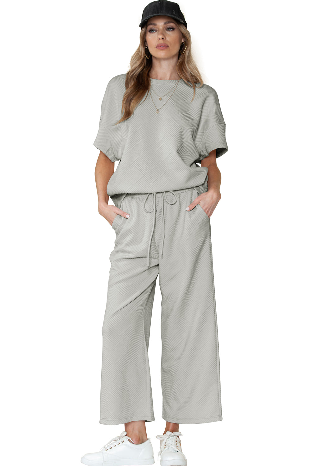 Textured Loose Fit T Shirt & Drawstring Pants Set