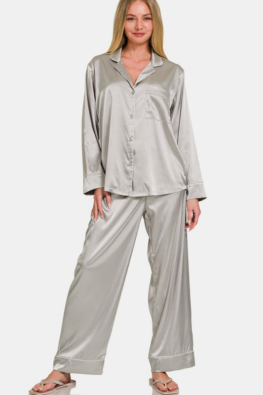 Zenana Satin Long Sleeve Shirt and Pants Pajama Set in Silver